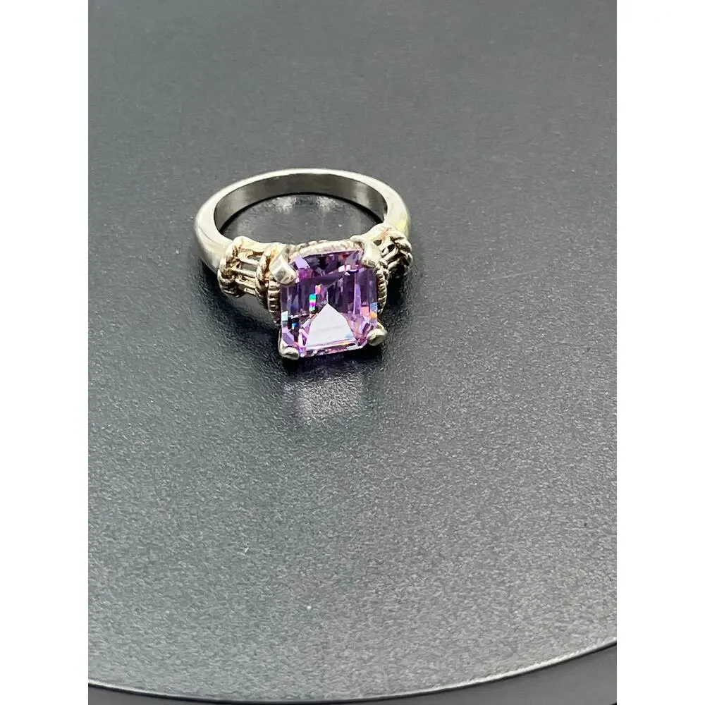 Designer 925 Sterling Silver Large Rectangle Cut‎ Purple Blue Prong CZ Ring Sz 9